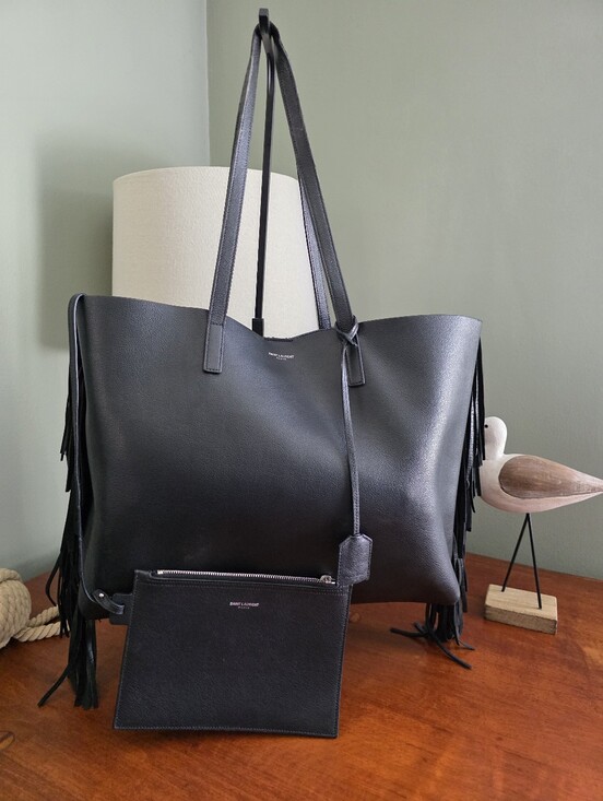 Saint Laurent Handbags - YSL Saint Laurent Paris Black Leather Fringe Tote Bag COA Detachable Pouch Large